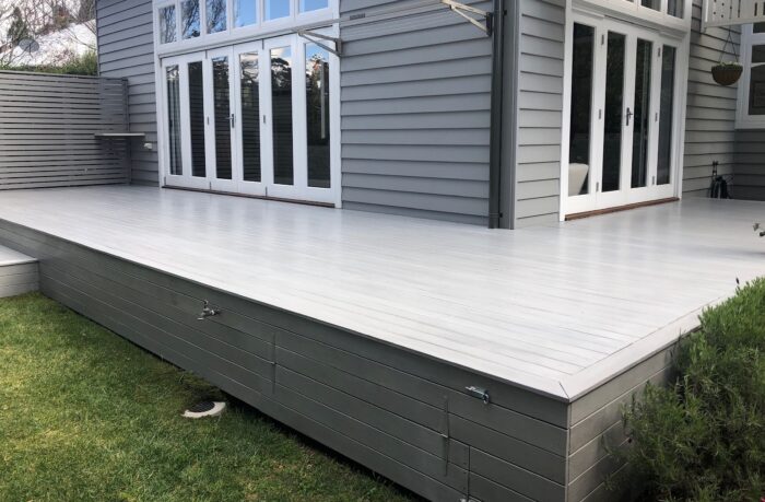 Outdoor timber deck entertaining area light grey finish