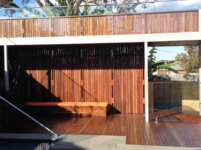 Outdoor pool area complex timber construction